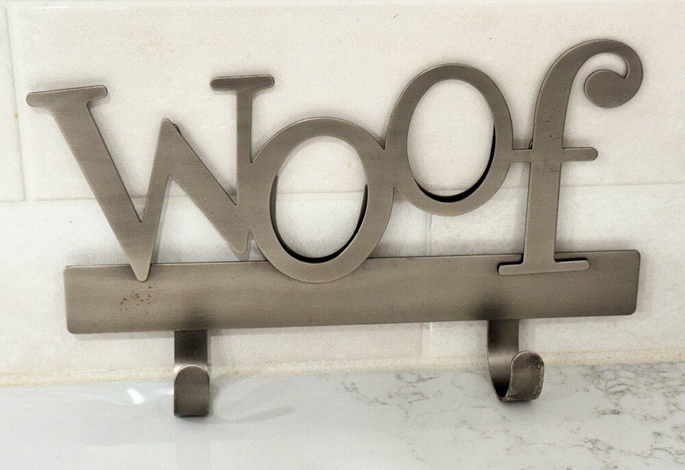 Hallmark Woof Metal Dog Leash Holder Wall Rack Brushed Silver Key Coat Hook Vtg